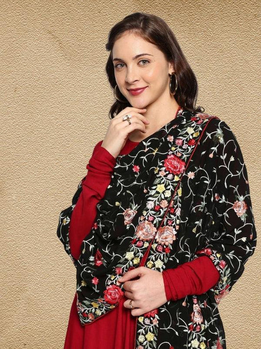 Parsi Gara Thread Work Machine Embroidered Georgette Black & Multicolour Dupatta Stole/Shawl