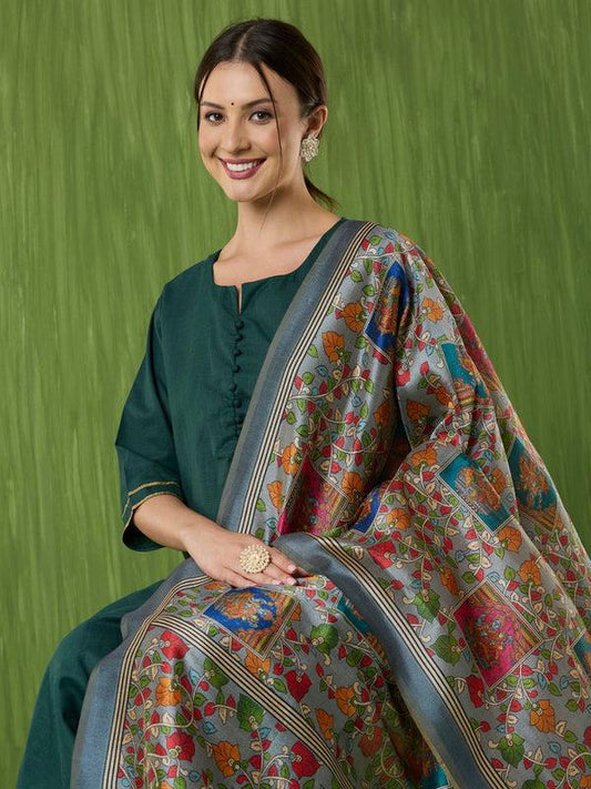 Ethnic Pichwai Printed Grey & Multi Assam Silk Dupatta stole/shawl