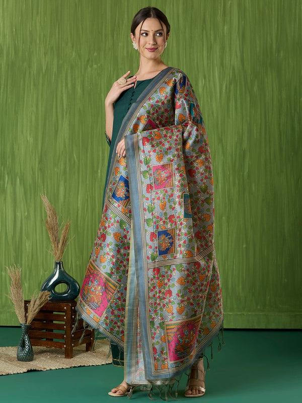 Ethnic Pichwai Printed Grey & Multi Assam Silk Dupatta stole/shawl