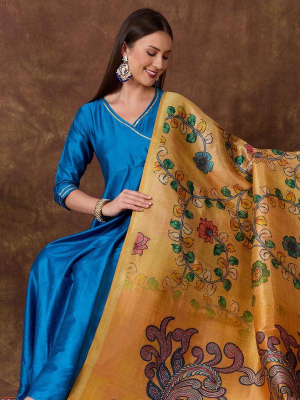 Ethnic Pichwai Printed Yellow & Multi Assam Silk Dupatta stole/shawl