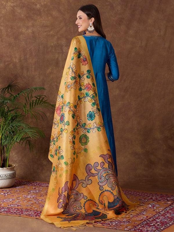 Ethnic Pichwai Printed Yellow & Multi Assam Silk Dupatta stole/shawl