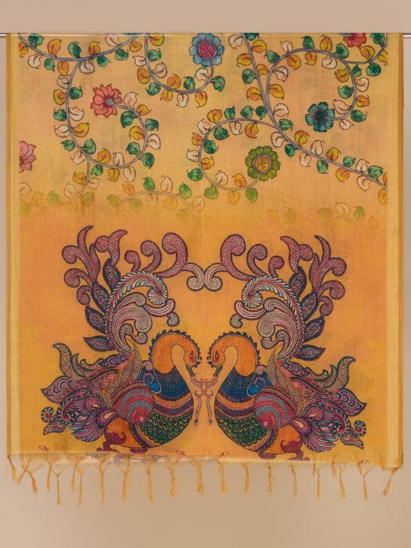 Ethnic Pichwai Printed Yellow & Multi Assam Silk Dupatta stole/shawl