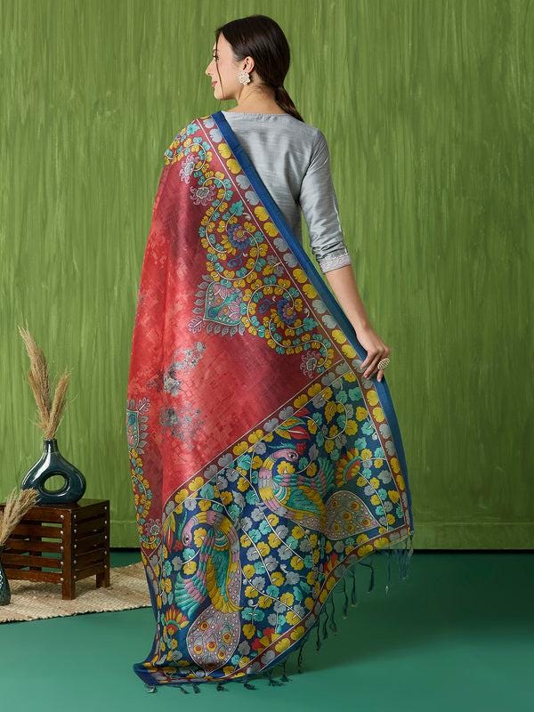 Ethnic Pichwai Printed Maroon & Multi Assam Silk Dupatta stole/shawl