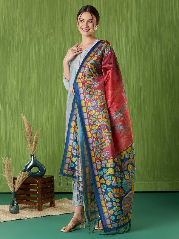 Ethnic Pichwai Printed Maroon & Multi Assam Silk Dupatta stole/shawl