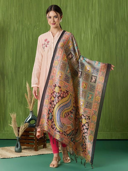 Ethnic Pichwai Printed Peach & Multi Assam Silk Dupatta stole/shawl