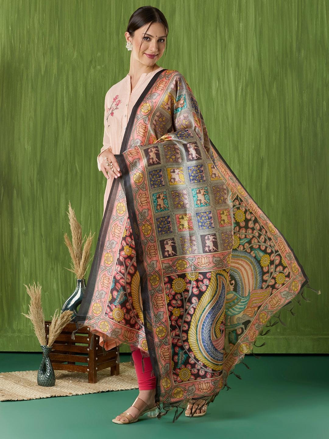 Ethnic Pichwai Printed Peach & Multi Assam Silk Dupatta stole/shawl