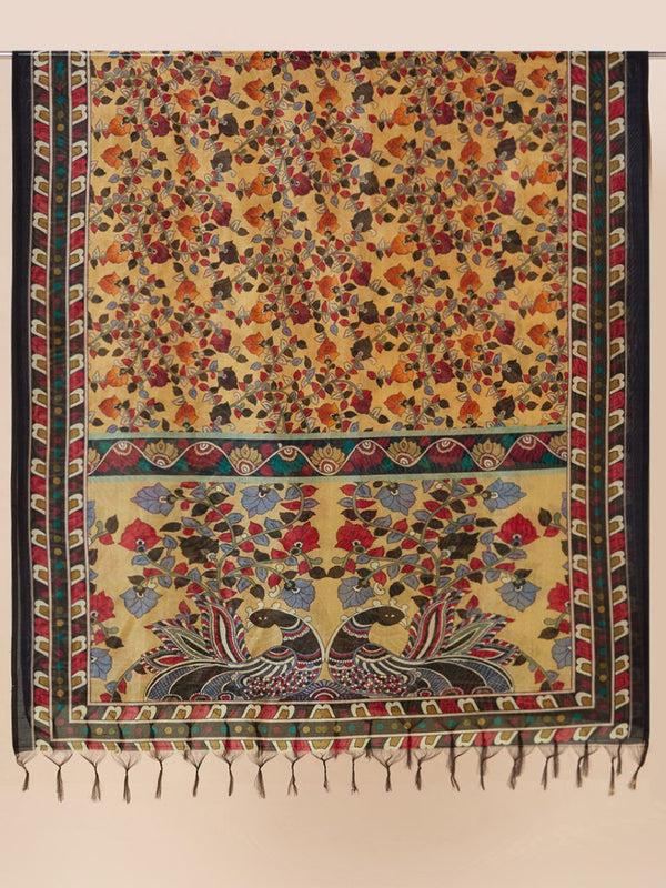 Ethnic Pichwai Printed Beige & Multi Assam Silk Dupatta stole/shawl