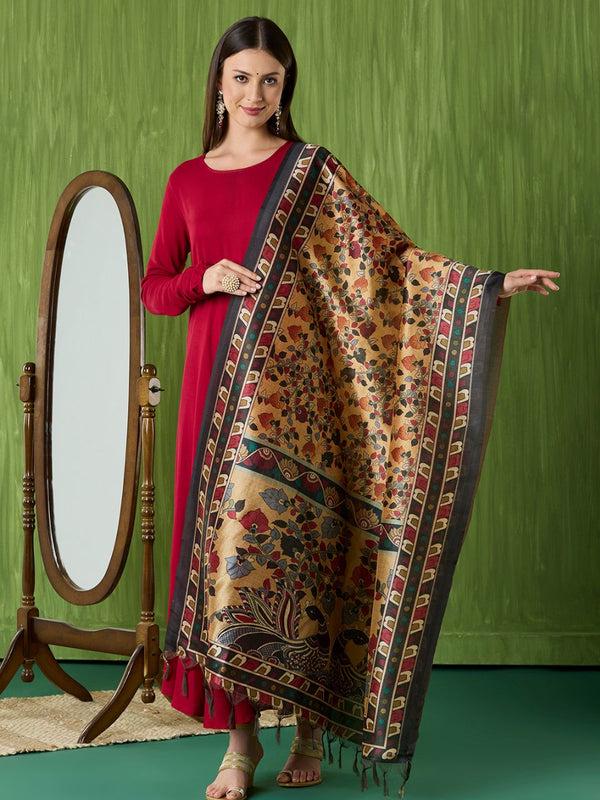 Ethnic Pichwai Printed Beige & Multi Assam Silk Dupatta stole/shawl