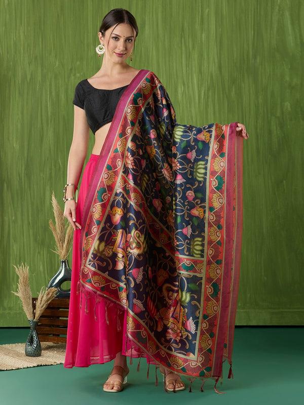 Ethnic Pichwai Printed Ink Blue & Multi Assam Silk Dupatta stole/shawl