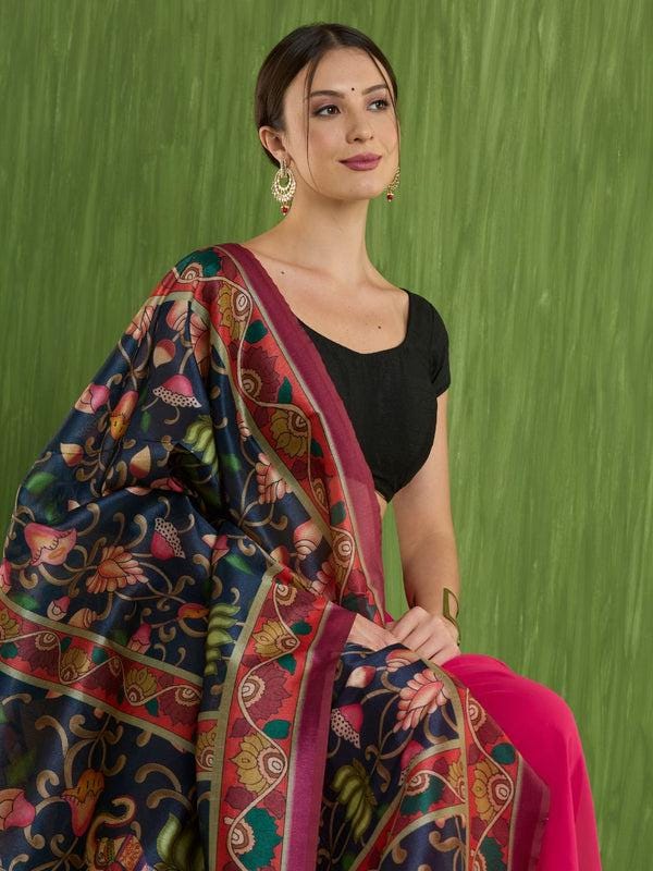 Ethnic Pichwai Printed Ink Blue & Multi Assam Silk Dupatta stole/shawl