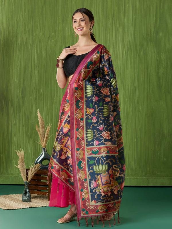 Ethnic Pichwai Printed Ink Blue & Multi Assam Silk Dupatta stole/shawl