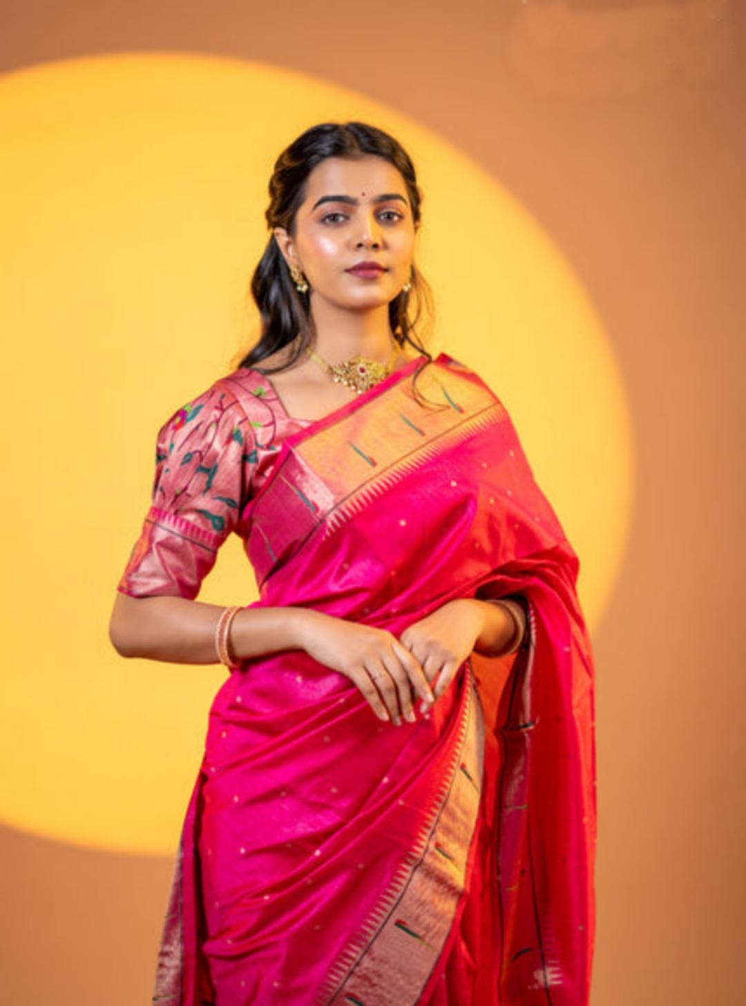 Soft Khadi raw silk Paithani Saree with single muniya border semi silk