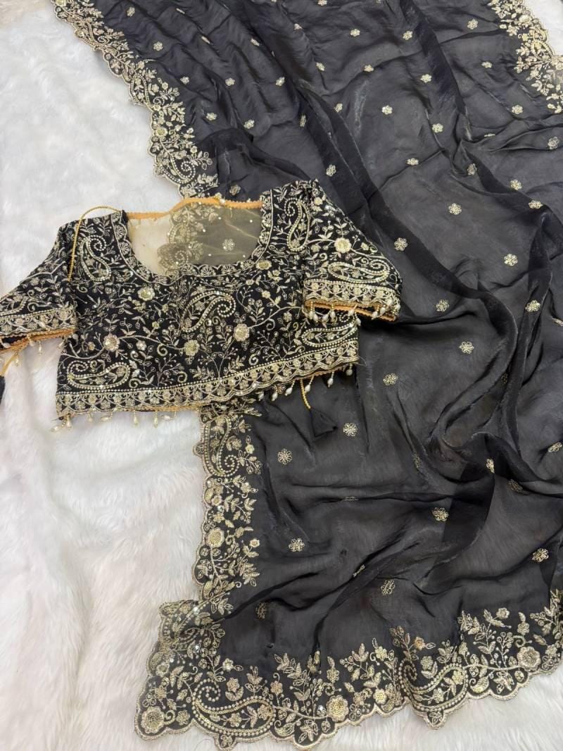 Fandy Satin Embroidered Designer Saree with stitched blouse