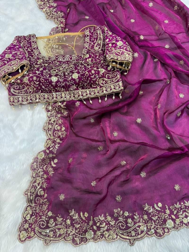 Fandy Satin Embroidered Designer Saree with stitched blouse