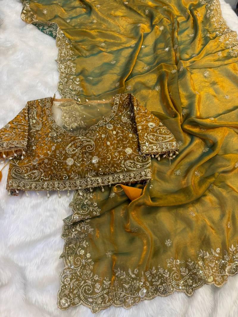 Fandy Satin Embroidered Designer Saree with stitched blouse