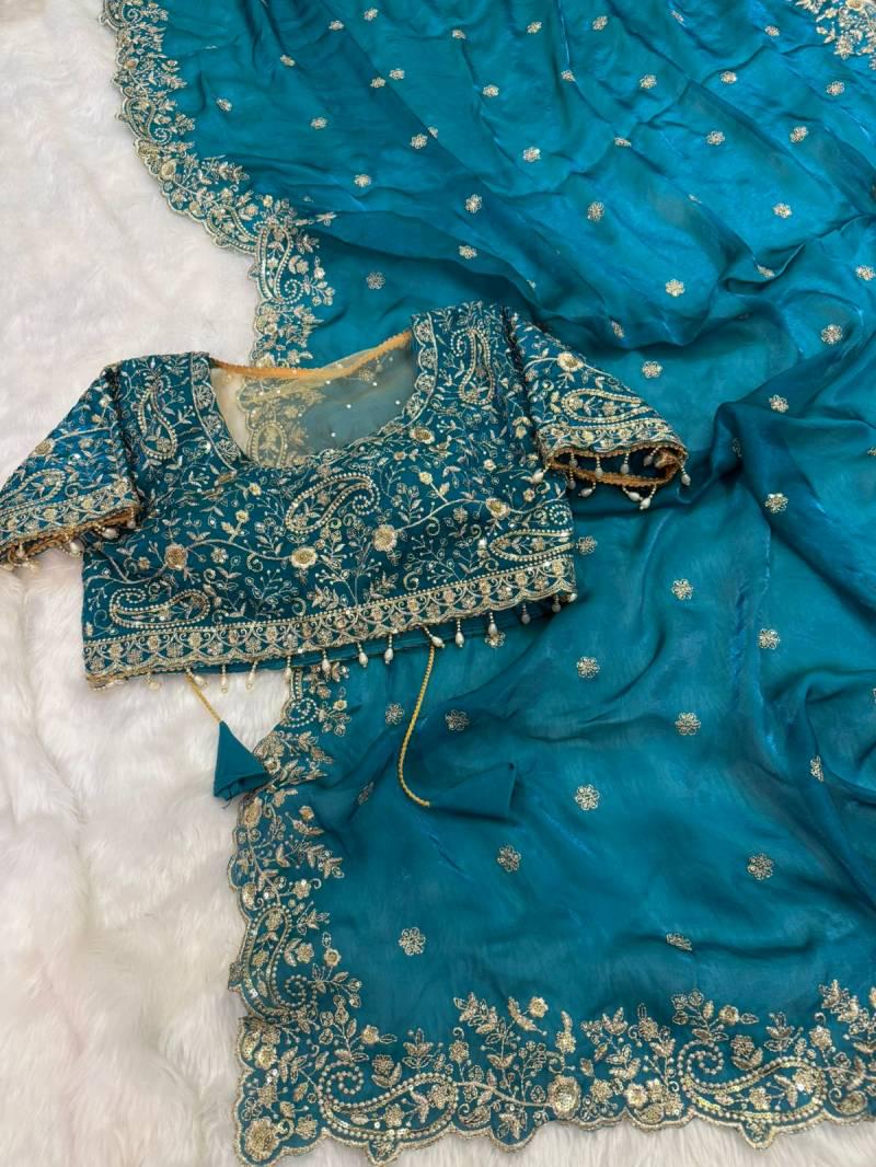 Fandy Satin Embroidered Designer Saree with stitched blouse