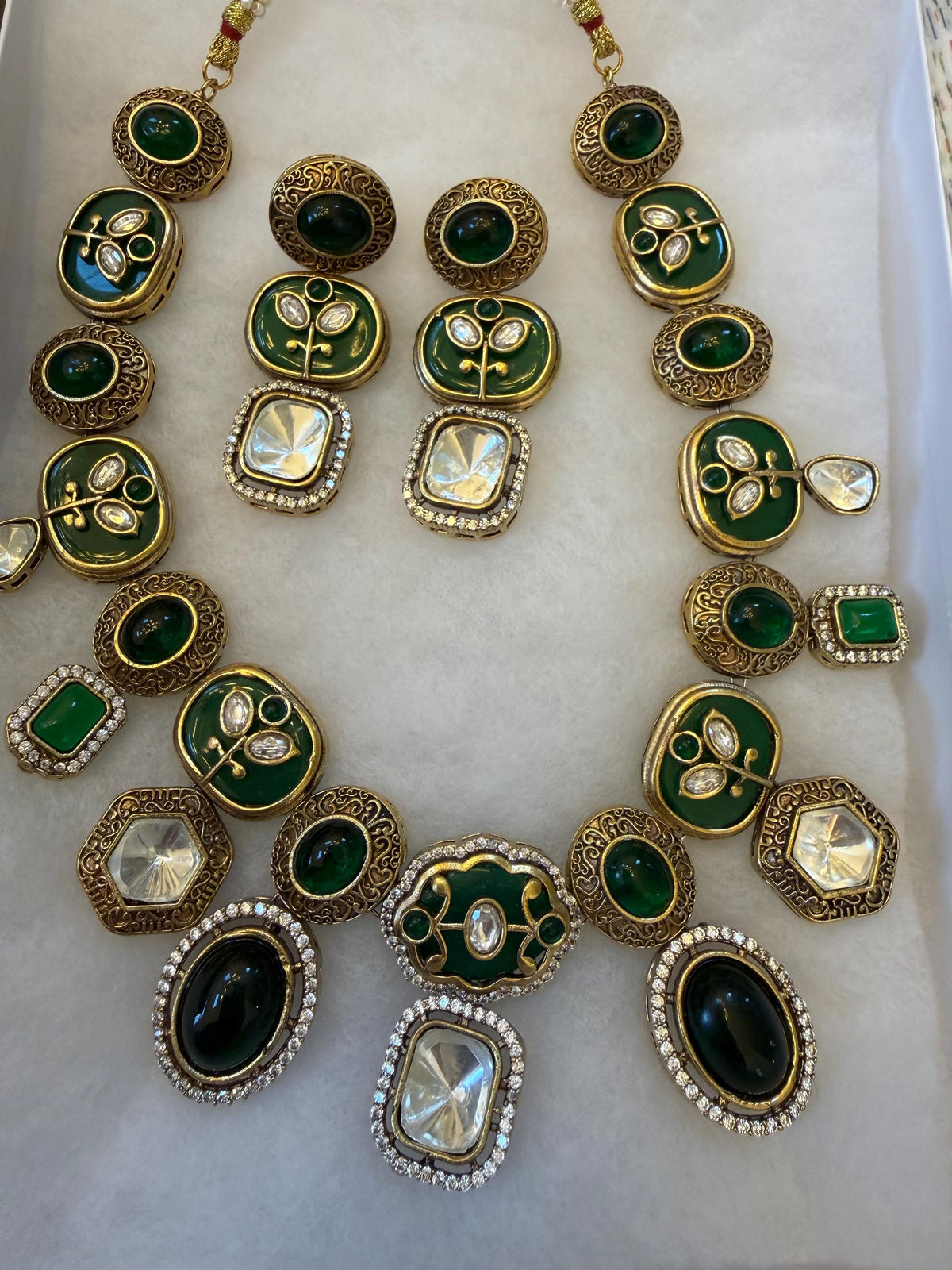 Green Doublet Stone, Polki: Antique Gold polished with American Diamonds necklace set sabyasachi inspired