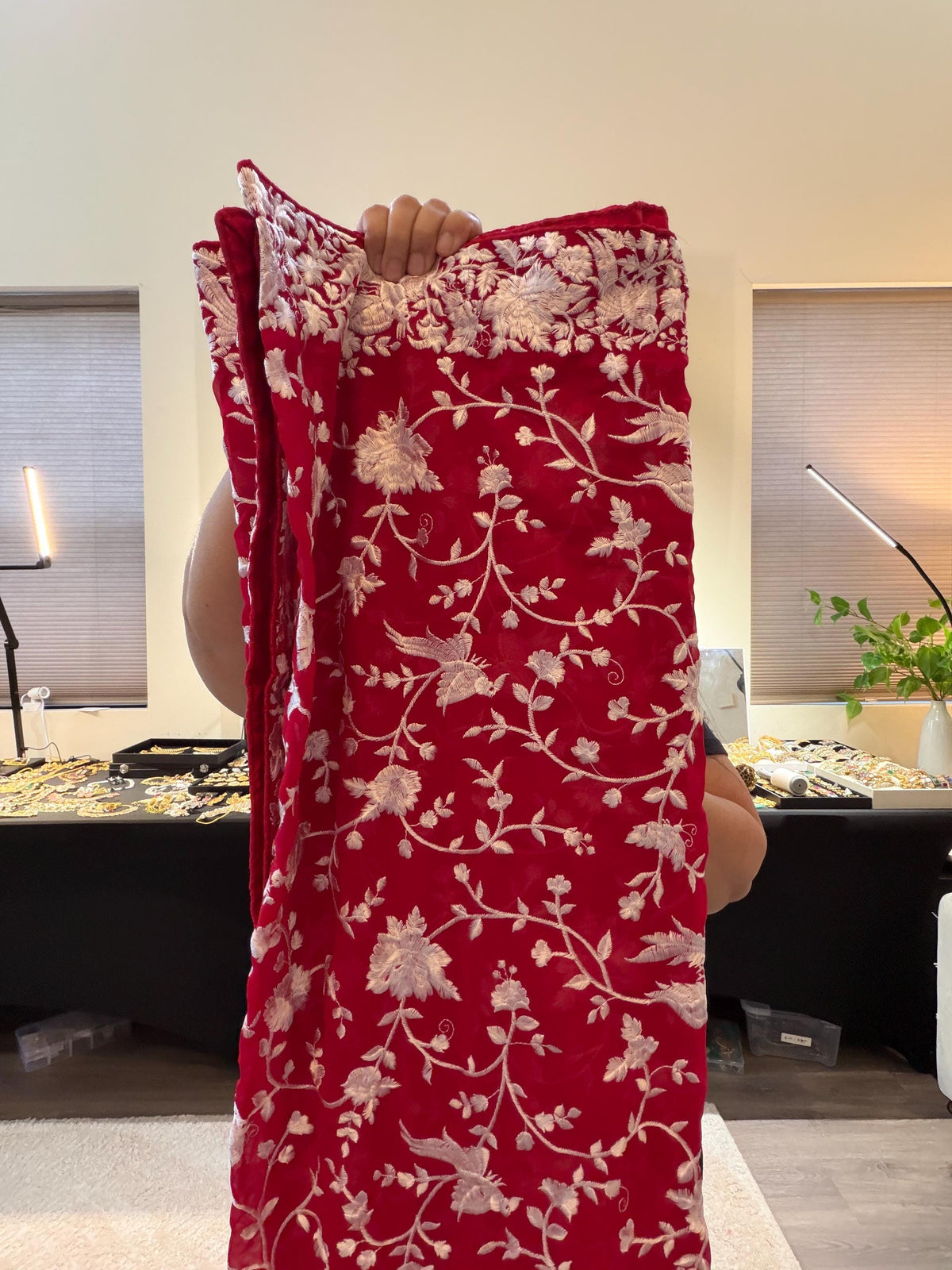 Machine Embroidered Parsi Gara Work Georgette Dupatta White Thread Work Red Stole/Shawl