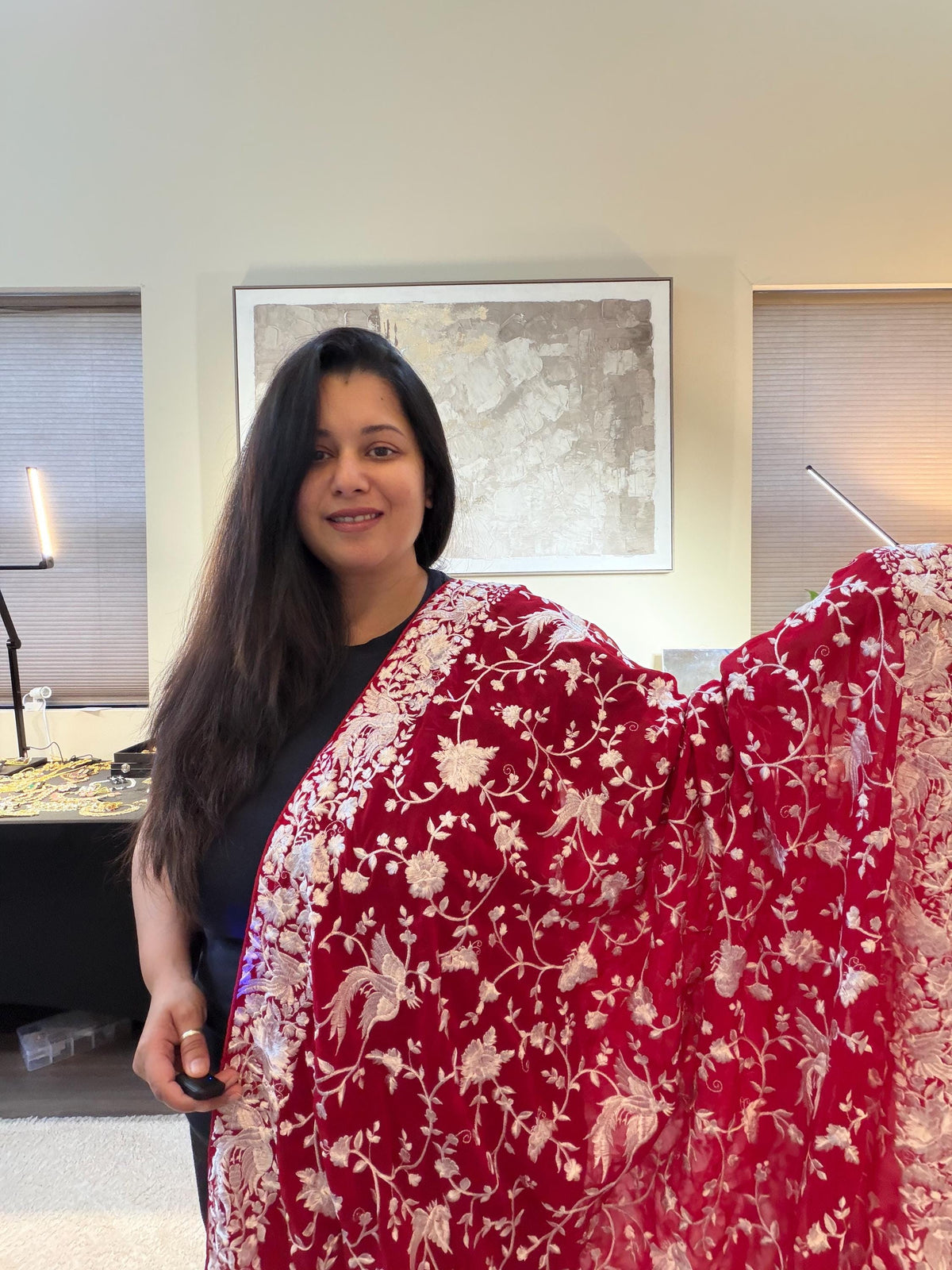Machine Embroidered Parsi Gara Work Georgette Dupatta White Thread Work Red Stole/Shawl