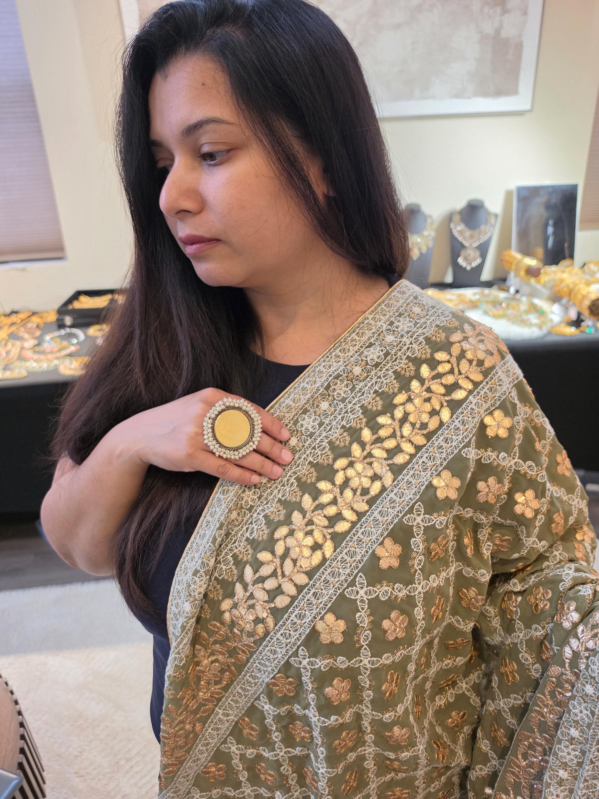 Olive Green Georgette Dupatta: Lucknowi Embroidery, Gotta Patti Work