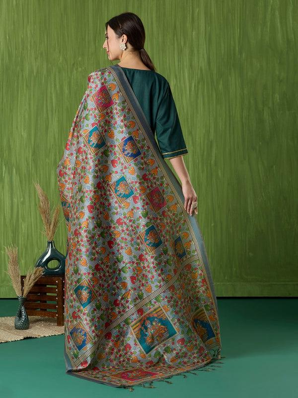 Ethnic Pichwai Printed Grey & Multi Assam Silk Dupatta stole/shawl