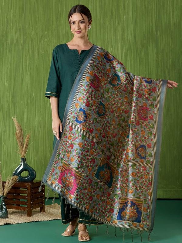 Ethnic Pichwai Printed Grey & Multi Assam Silk Dupatta stole/shawl