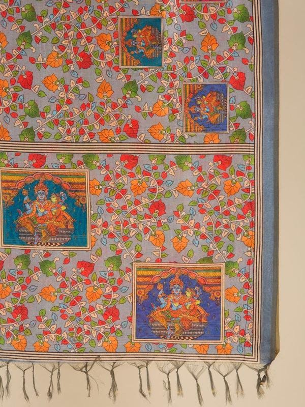 Ethnic Pichwai Printed Grey & Multi Assam Silk Dupatta stole/shawl