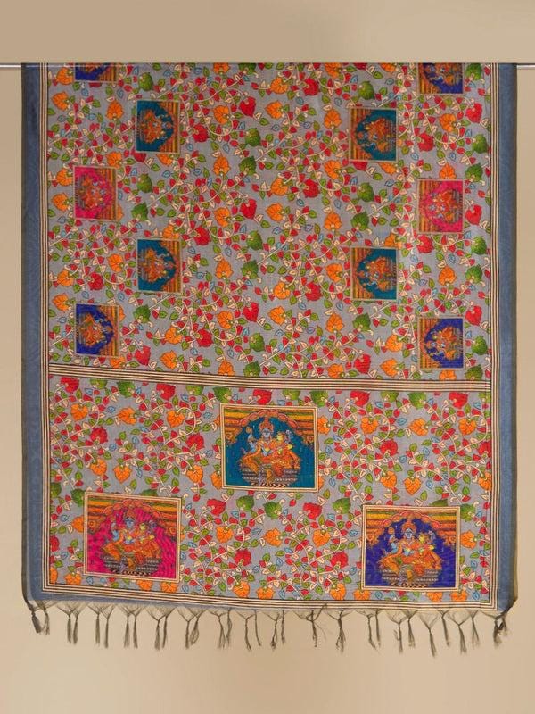 Ethnic Pichwai Printed Grey & Multi Assam Silk Dupatta stole/shawl