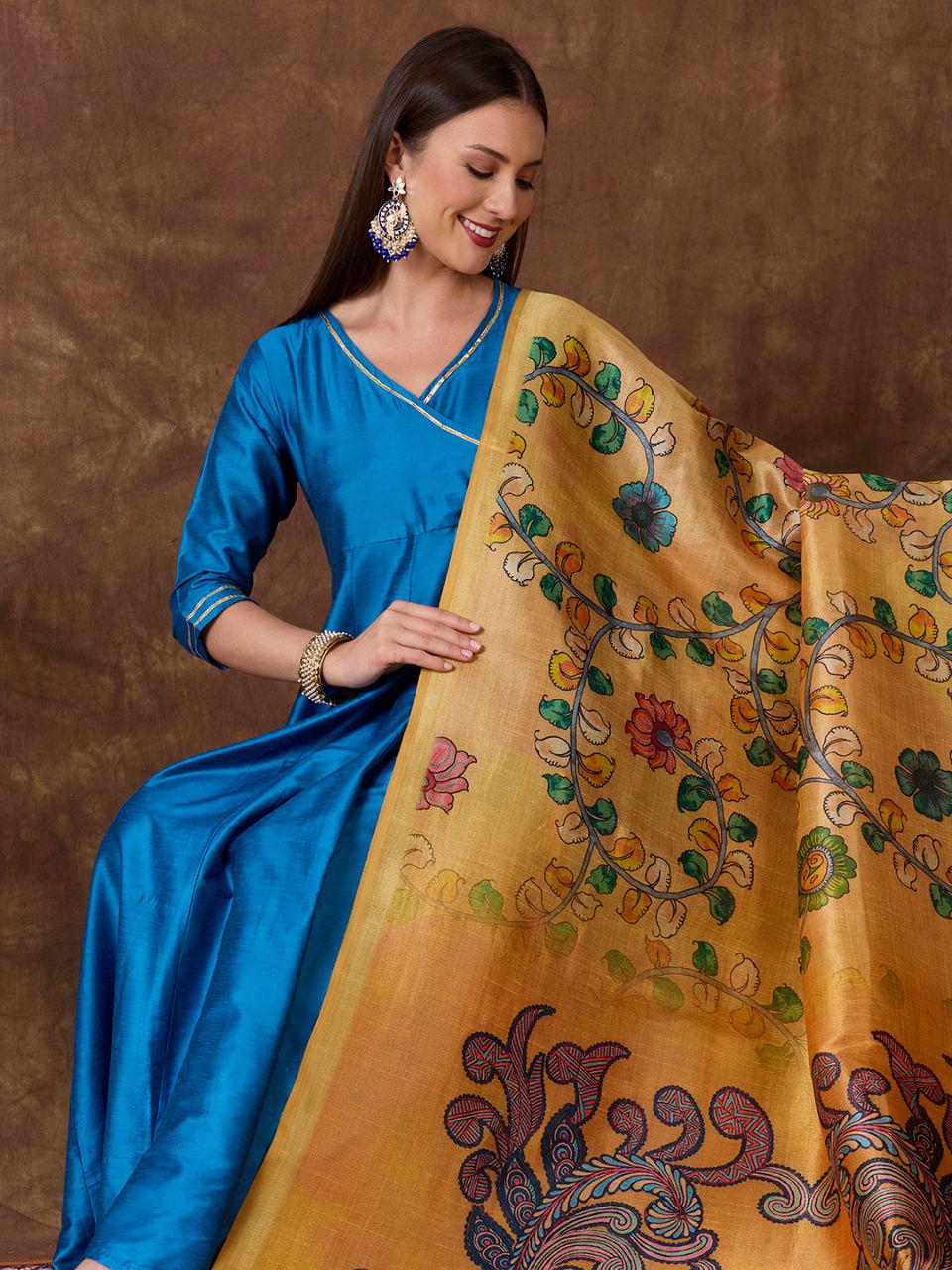 Ethnic Pichwai Printed Yellow & Multi Assam Silk Dupatta stole/shawl