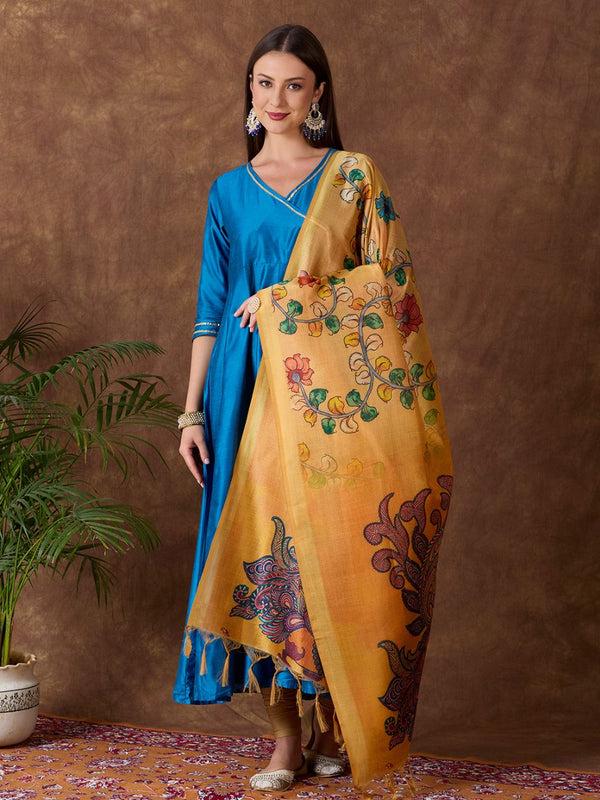 Ethnic Pichwai Printed Yellow & Multi Assam Silk Dupatta stole/shawl