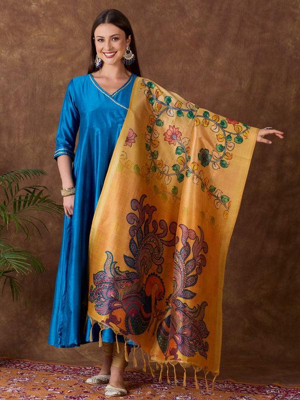 Ethnic Pichwai Printed Yellow & Multi Assam Silk Dupatta stole/shawl