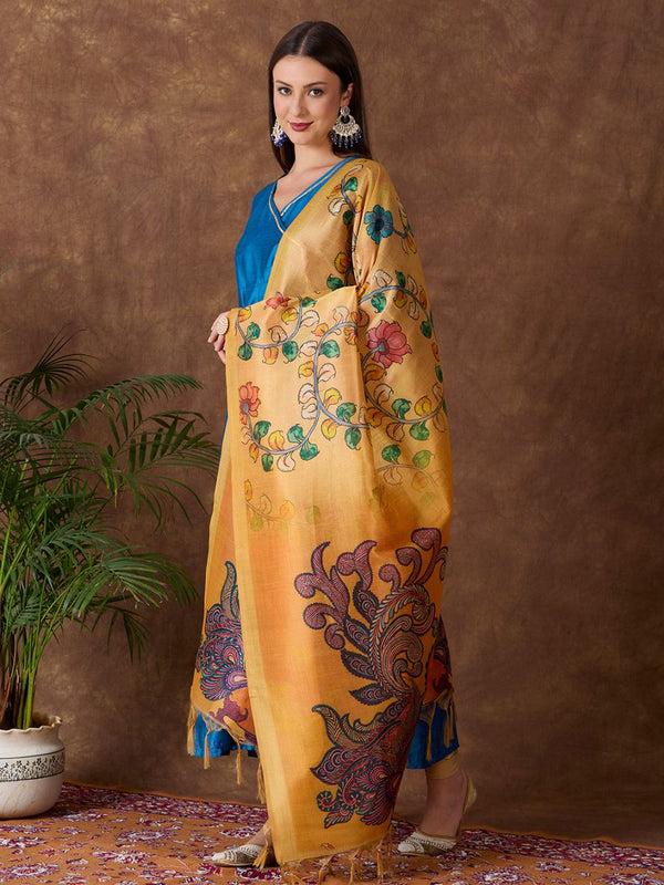 Ethnic Pichwai Printed Yellow & Multi Assam Silk Dupatta stole/shawl