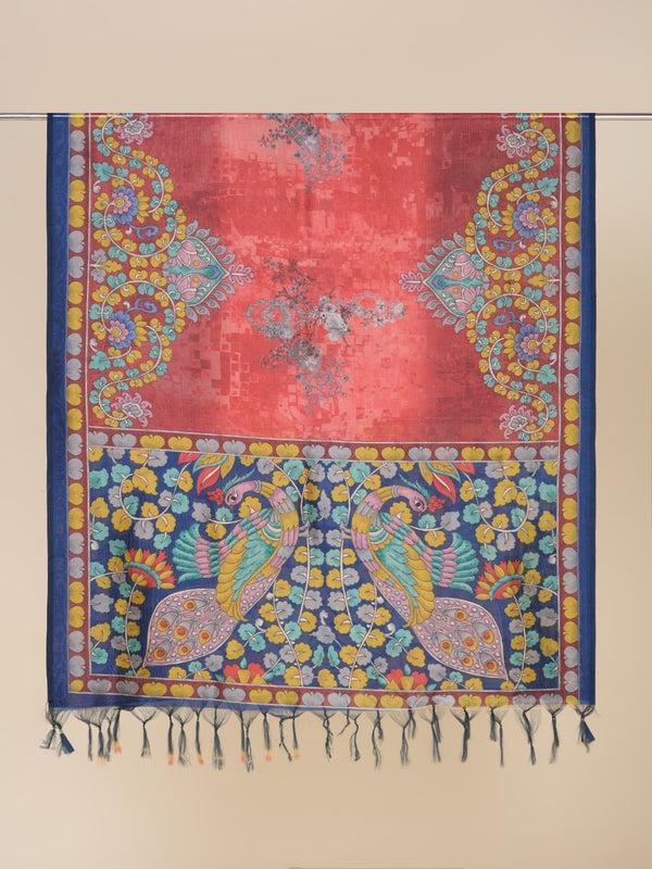 Ethnic Pichwai Printed Maroon & Multi Assam Silk Dupatta stole/shawl