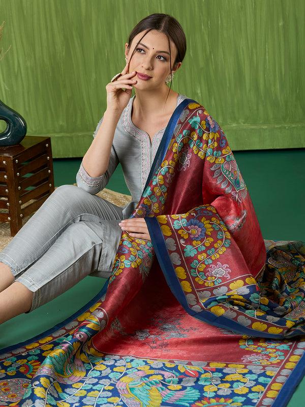 Ethnic Pichwai Printed Maroon & Multi Assam Silk Dupatta stole/shawl