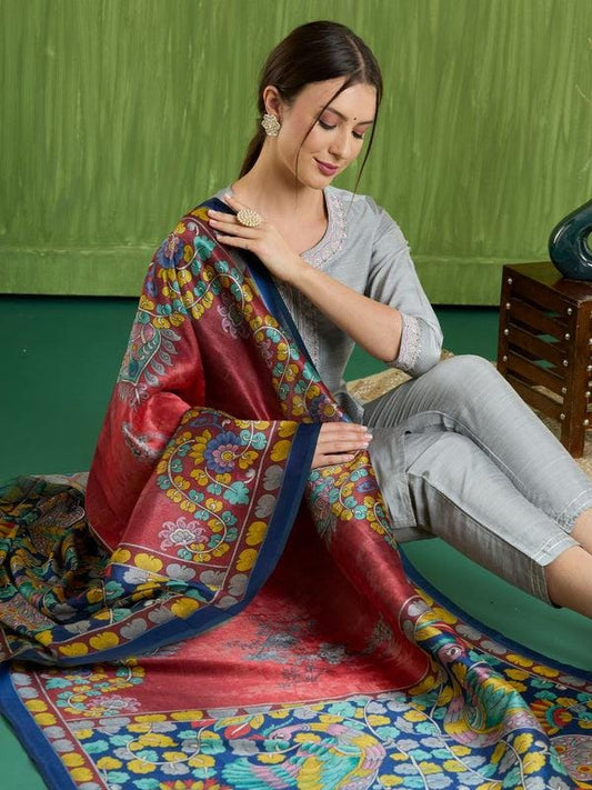 Ethnic Pichwai Printed Maroon & Multi Assam Silk Dupatta stole/shawl