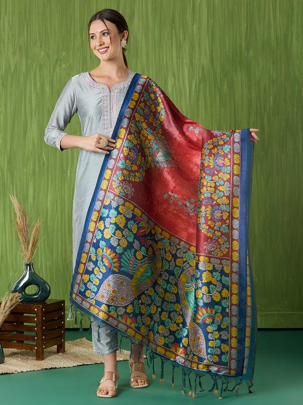 Ethnic Pichwai Printed Maroon & Multi Assam Silk Dupatta stole/shawl