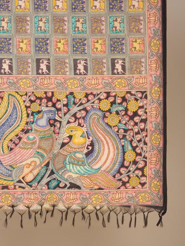 Ethnic Pichwai Printed Peach & Multi Assam Silk Dupatta stole/shawl