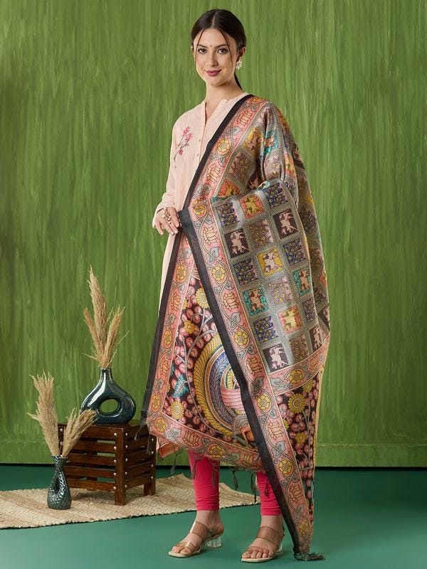 Ethnic Pichwai Printed Peach & Multi Assam Silk Dupatta stole/shawl