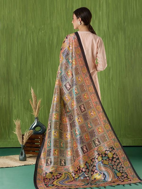 Ethnic Pichwai Printed Peach & Multi Assam Silk Dupatta stole/shawl