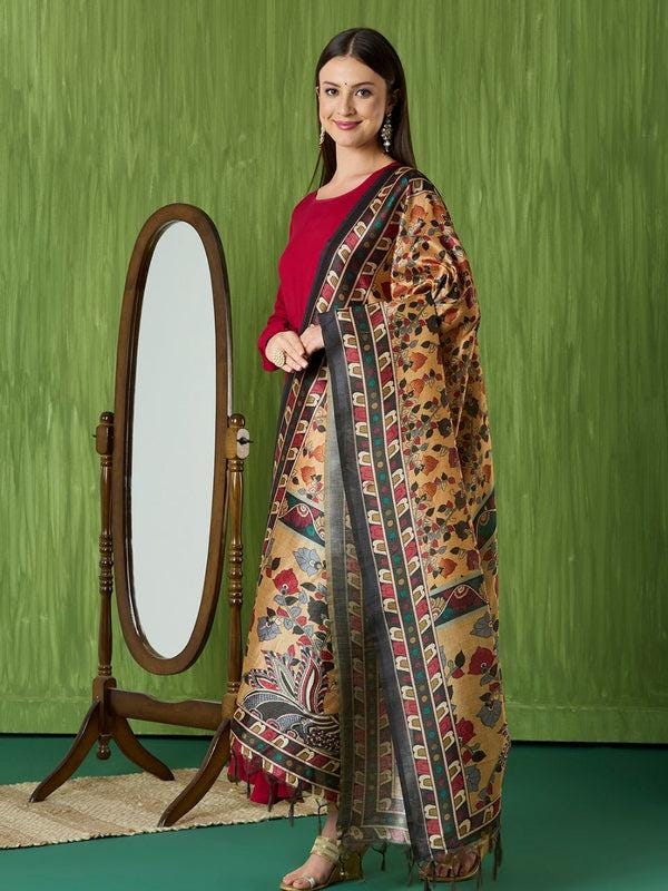 Ethnic Pichwai Printed Beige & Multi Assam Silk Dupatta stole/shawl