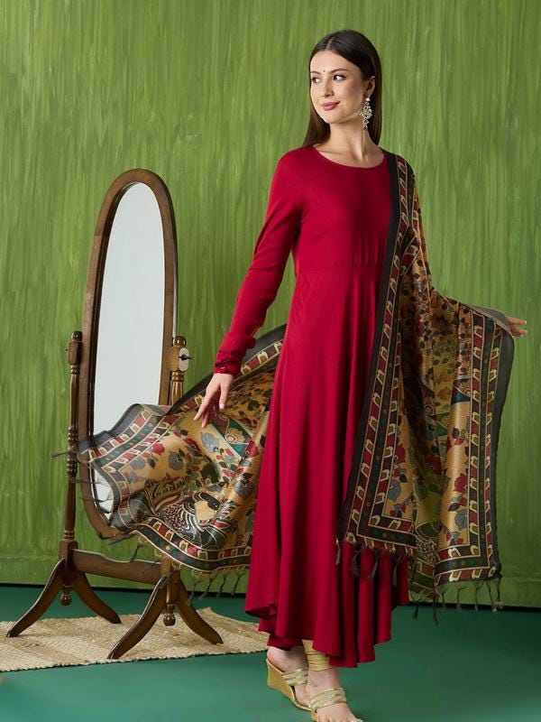 Ethnic Pichwai Printed Beige & Multi Assam Silk Dupatta stole/shawl