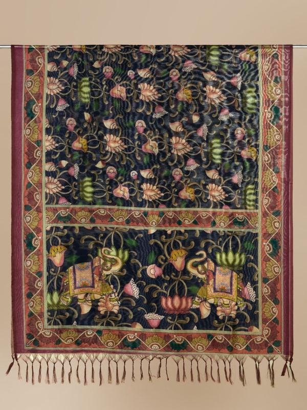 Ethnic Pichwai Printed Ink Blue & Multi Assam Silk Dupatta stole/shawl