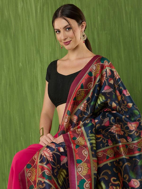 Ethnic Pichwai Printed Ink Blue & Multi Assam Silk Dupatta stole/shawl