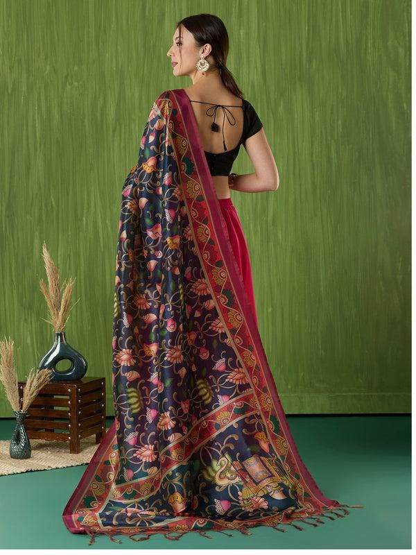 Ethnic Pichwai Printed Ink Blue & Multi Assam Silk Dupatta stole/shawl
