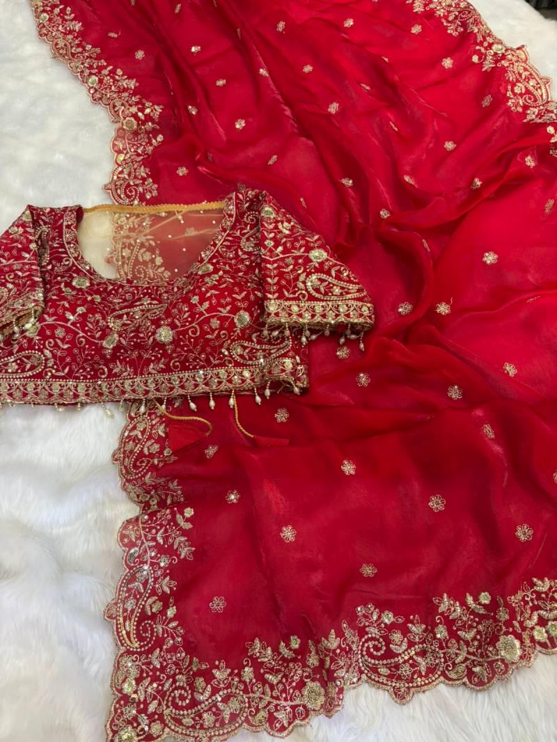 Fandy Satin Embroidered Designer Saree with stitched blouse