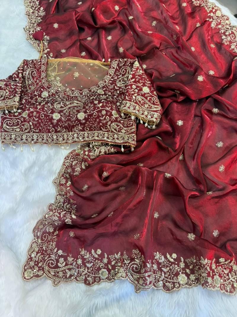 Fandy Satin Embroidered Designer Saree with stitched blouse