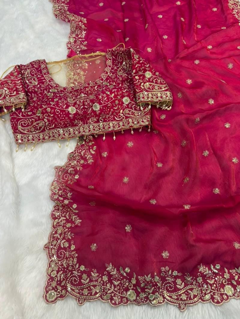 Fandy Satin Embroidered Designer Saree with stitched blouse