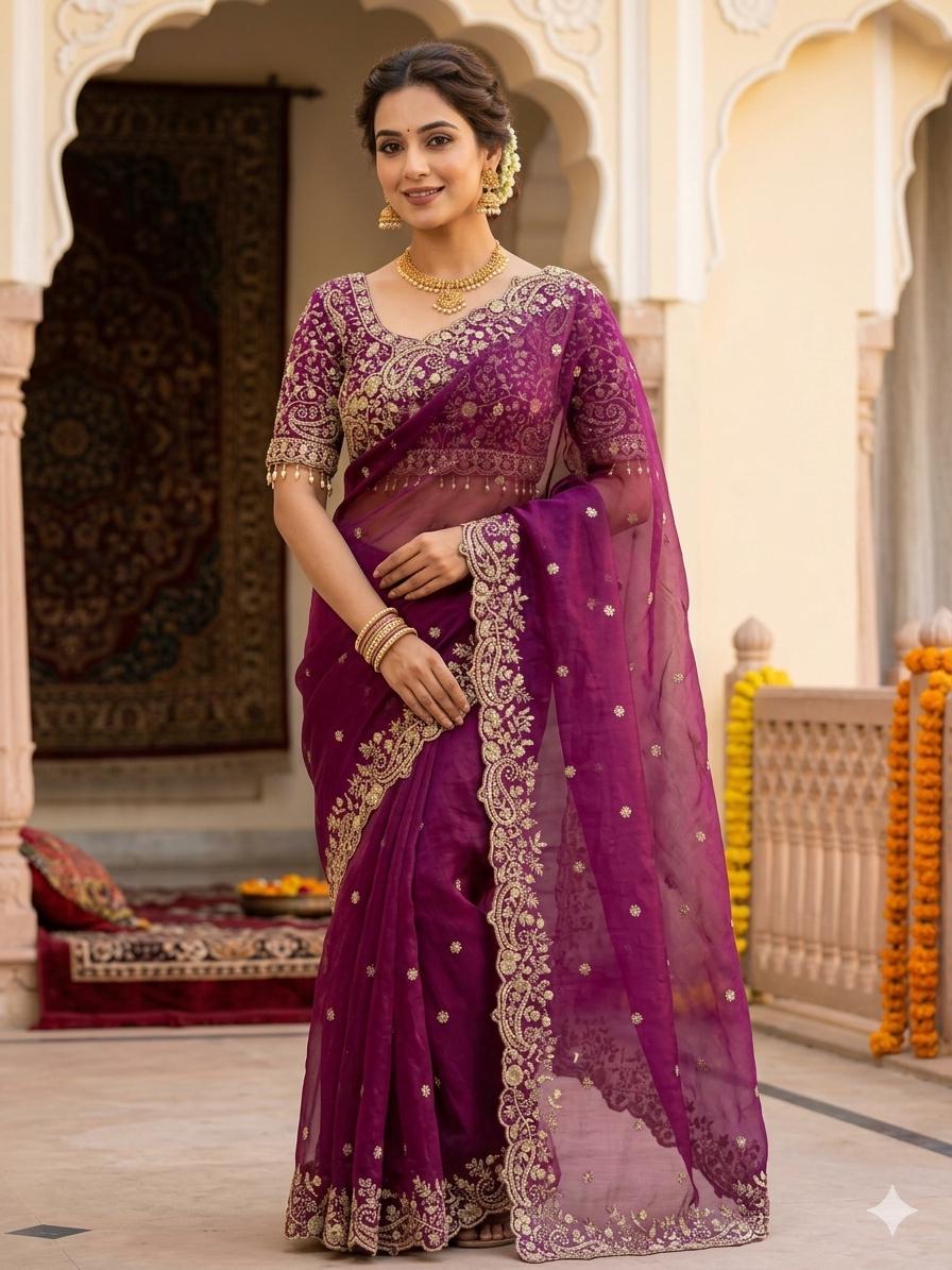 Fandy Satin Embroidered Designer Saree with stitched blouse