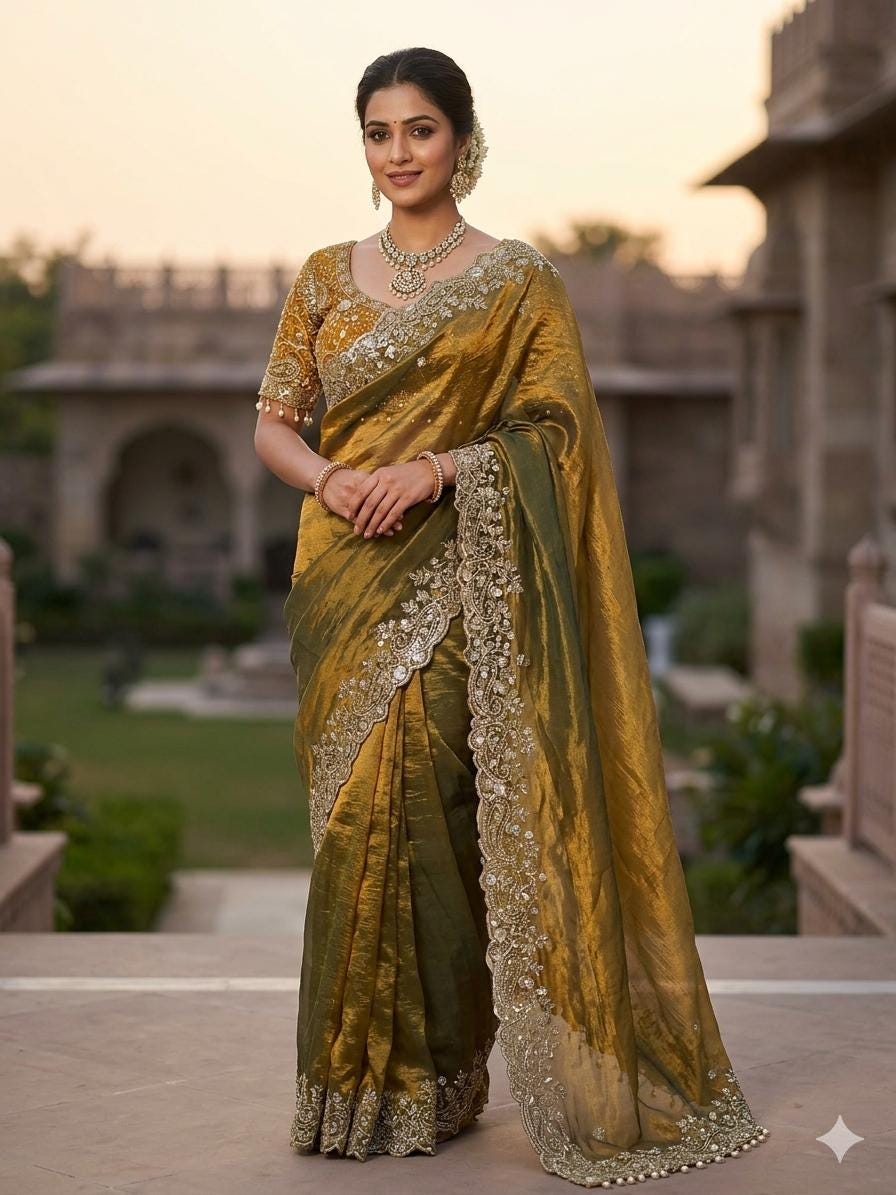 Fandy Satin Embroidered Designer Saree with stitched blouse