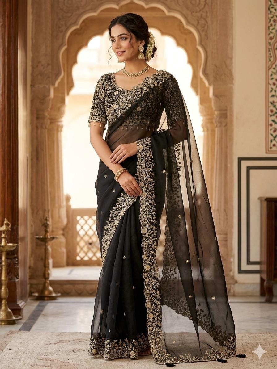 Fandy Satin Embroidered Designer Saree with stitched blouse